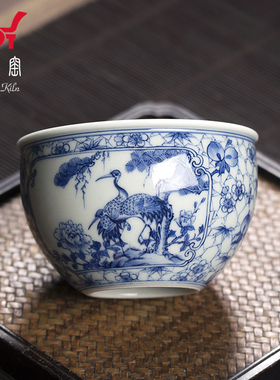 钟家窑茶杯陶瓷 景德镇柴窑满工冰梅开窗仙鹤牡丹缸杯主人杯单杯