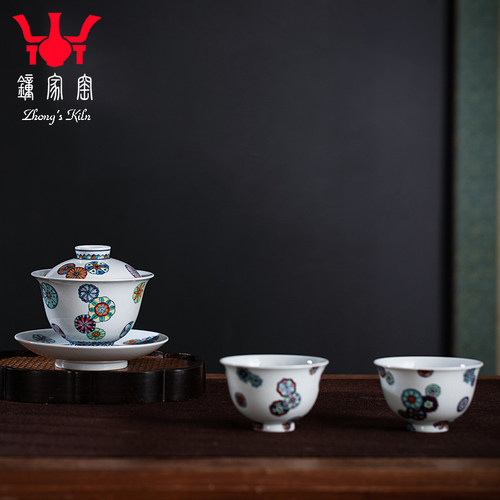 钟家窑送礼茶具套装 景德镇青花斗彩手绘皮球花一盖碗二杯带礼盒