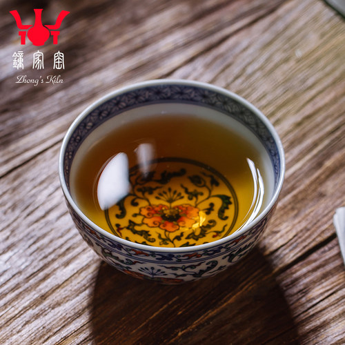 钟家窑主人杯单杯景德镇柴窑青花斗彩缠枝花纹功夫茶杯高档个人杯