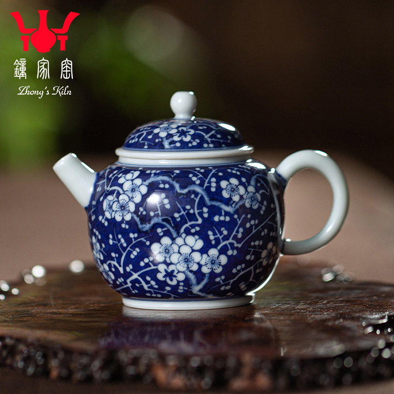 钟家窑陶瓷小茶壶 景德镇柴窑青花手绘冰梅纹工夫茶小单壶泡茶壶