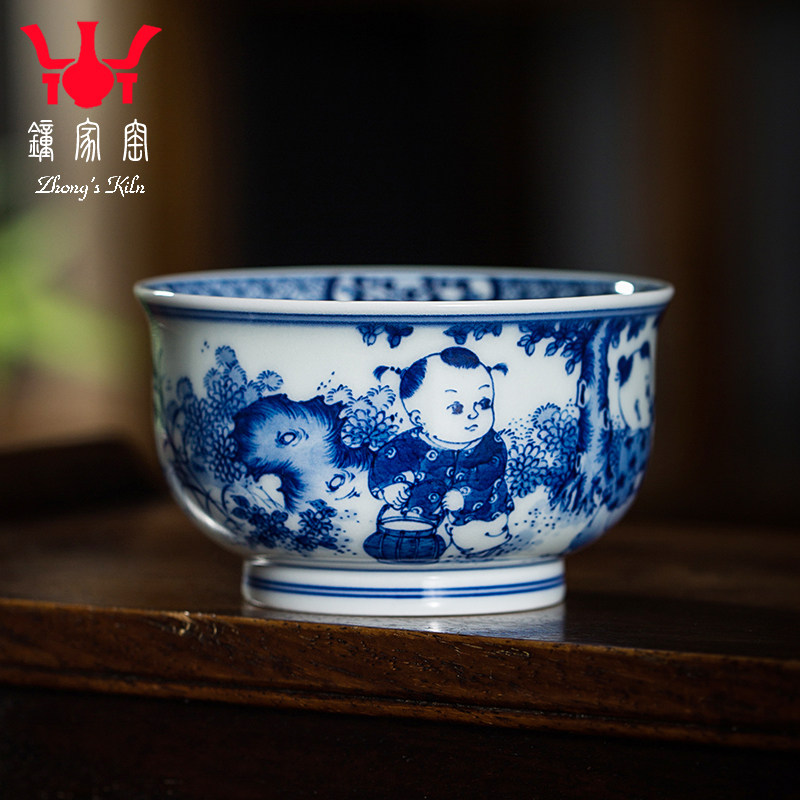 钟家窑手绘人物童子陶瓷主人杯