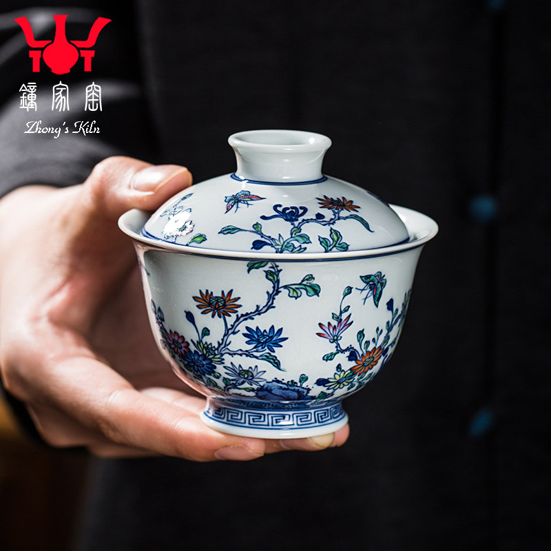 钟家窑陶瓷盖碗 景德镇柴窑青花斗彩手绘三秋功夫茶泡茶碗泡茶器,餐饮具,盖碗,淘宝优惠券,粉丝福利购,淘宝优惠卷