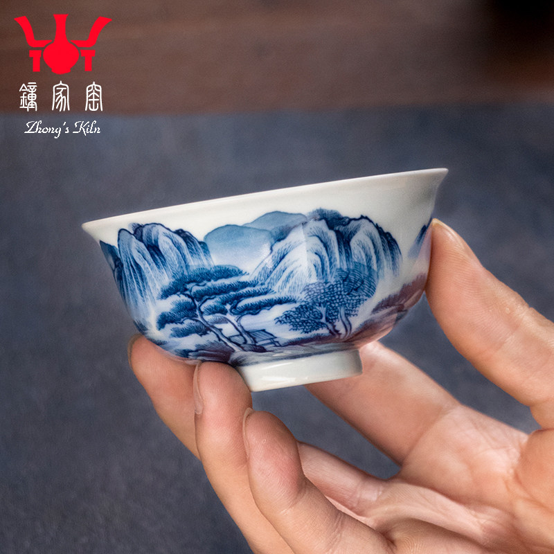 钟家窑个人专用高档主人杯 景德镇柴窑青花手绘山水湖光山色单杯