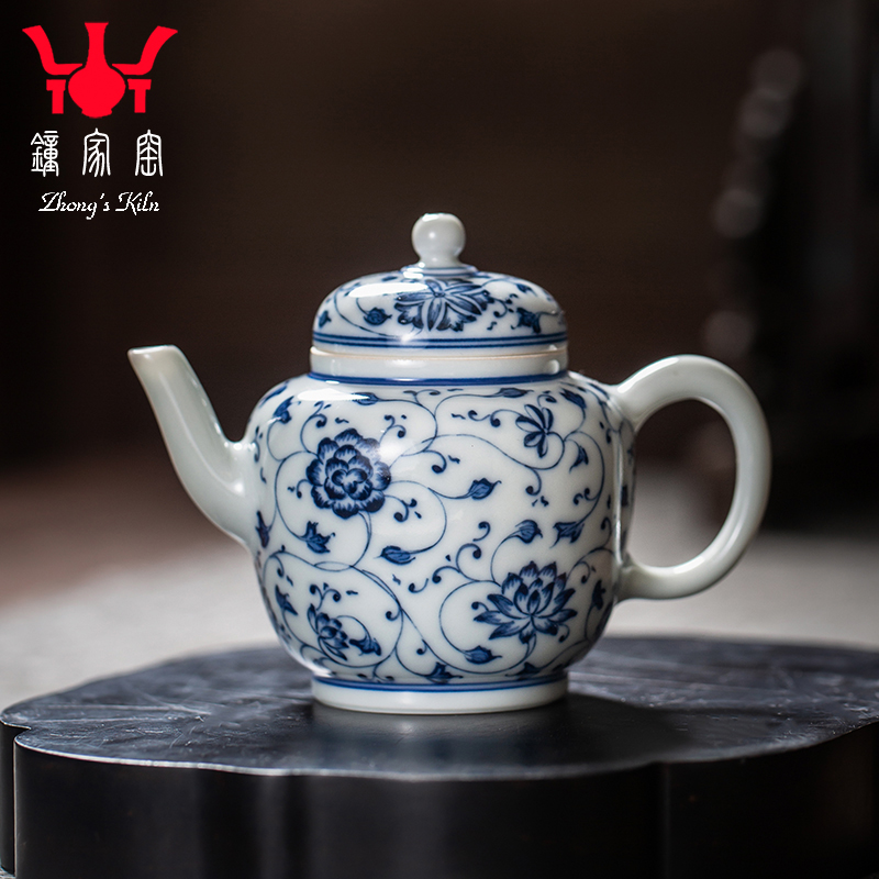 钟家窑缠枝莲纹纯手工手绘茶壶