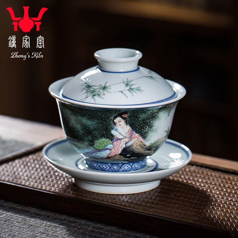 钟家窑盖碗茶杯景德镇茶具手工手绘粉彩竹林仕女图泡茶碗三才碗杯 - 实物图