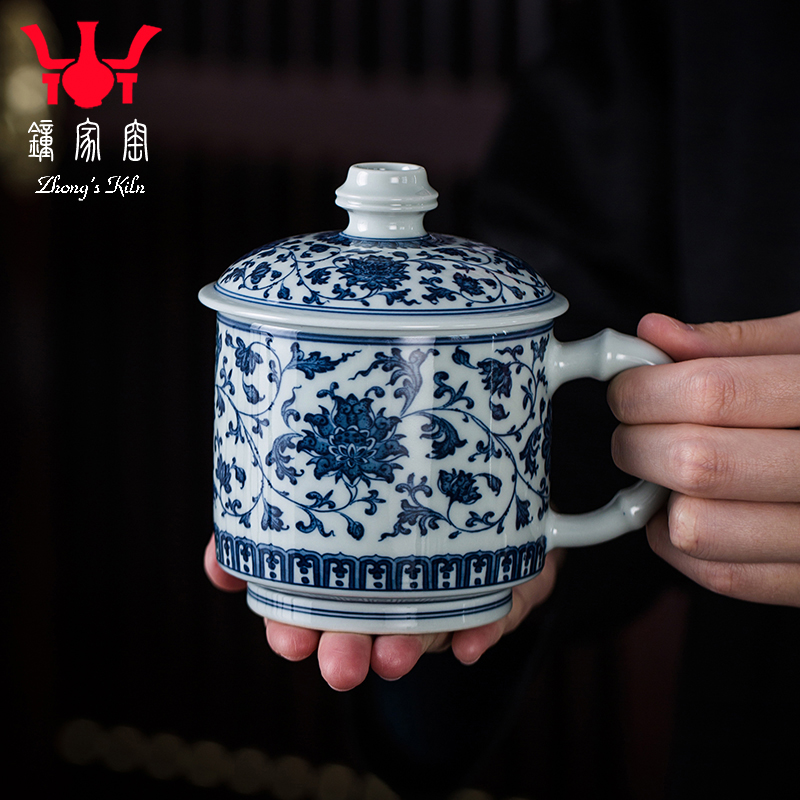 钟家窑柴窑青花陶瓷办公杯