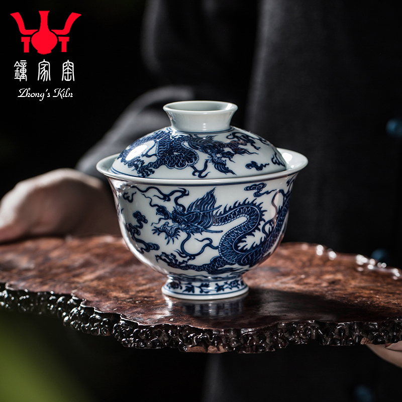 钟家窑盖碗全手工手绘柴窑青花