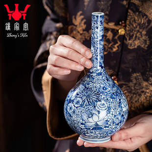 钟家窑陶瓷花瓶景德镇柴窑青花手绘万花胆瓶高级感摆件客厅插花器