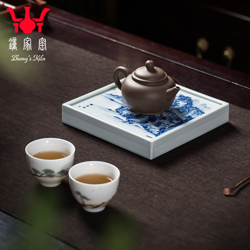 钟家窑陶瓷茶盘 柴窑青花手绘山水干泡台小型中式高档壶承盖碗托