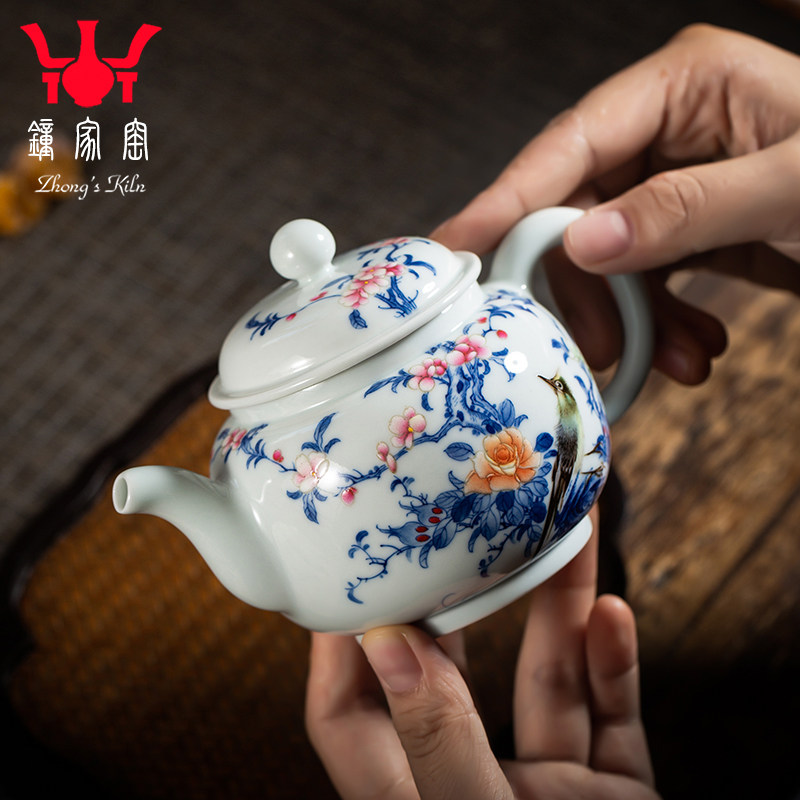 钟家窑陶瓷茶壶 景德镇名师万海华老师纯手绘青花斗彩花鸟泡茶壶