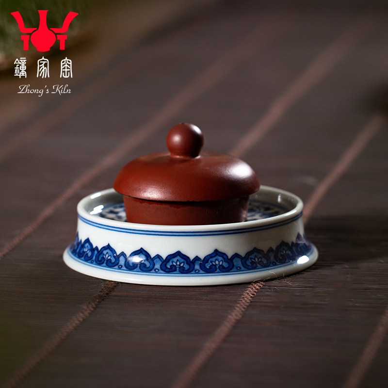 钟家窑功夫茶具 青花柴窑缠枝莲盖置茶壶紫砂壶盖置盖托茶道配件