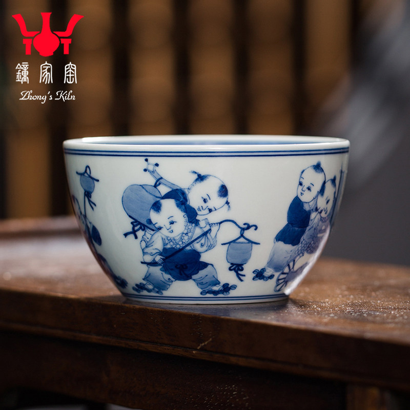 钟家窑陶瓷主人杯景德镇手绘柴窑青花童子迎春卧足杯功夫茶品茗杯,餐饮具,茶杯,淘宝优惠券,粉丝福利购,淘宝优惠卷