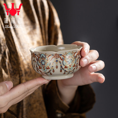 钟家窑茶杯 景德镇手绘珐琅彩璎珞宝相花葵口杯品茶杯主人杯单杯