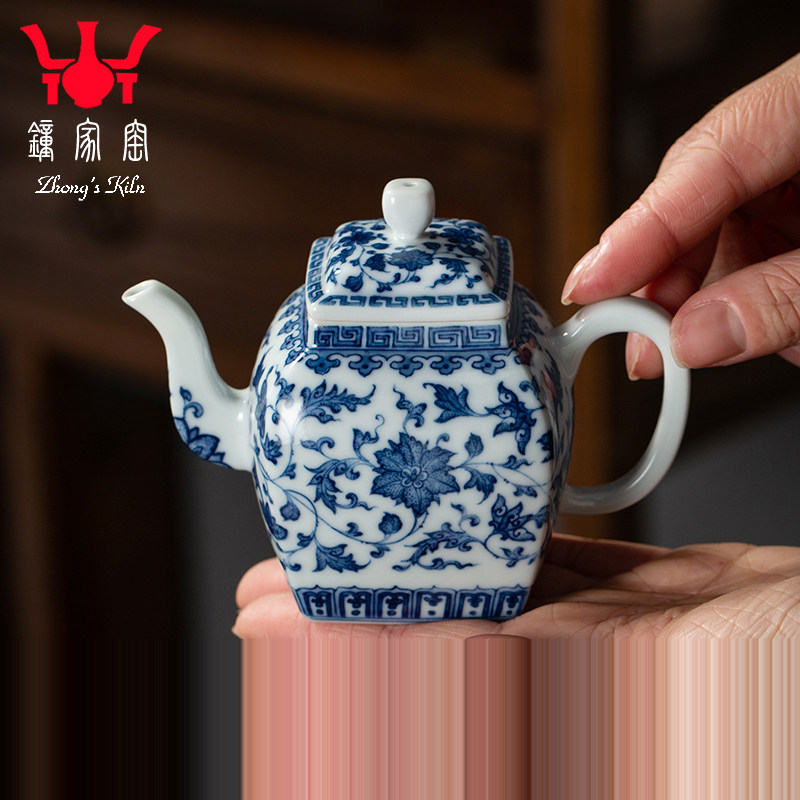 钟家窑陶瓷茶壶柴窑青花手工手绘点工缠枝纹小号四方泡茶壶小单壶,餐饮具,茶壶,淘宝优惠券,粉丝福利购,淘宝优惠卷
