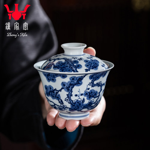 钟家窑陶瓷二才盖碗景德镇青花柴窑手绘松竹梅泡茶器功夫茶碗茶具