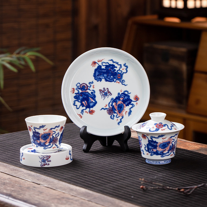 景德镇青花瓷釉里红麒麟纹三才盖碗马蹄茶杯套装中式功夫茶具家用