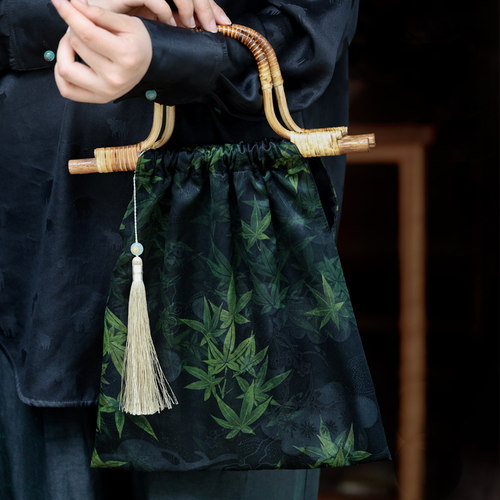 雅集旗袍竹节文艺香云纱竹节包