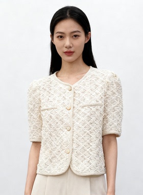 姚领YAOLY小香风白色蕾丝短袖开衫镂空针织外套甜美上衣841K20483
