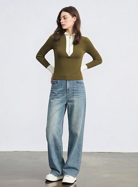 姚领YAOLY休闲风高腰宽松显瘦阔腿牛仔裤女长裤直筒裤815K12433