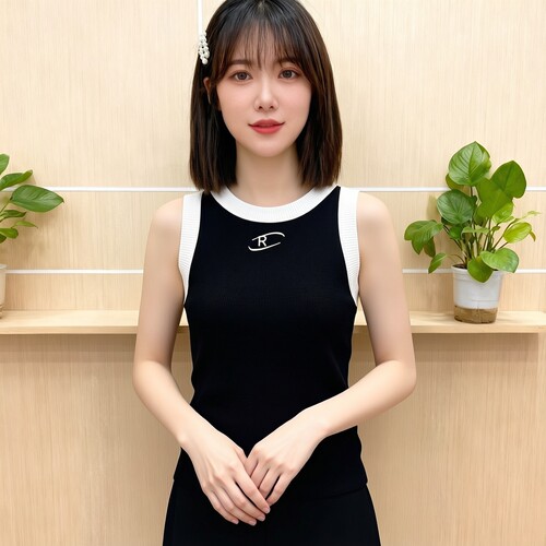 姚领撞色边针织背心女黑色修身显瘦百搭无袖上衣外穿872M35468
