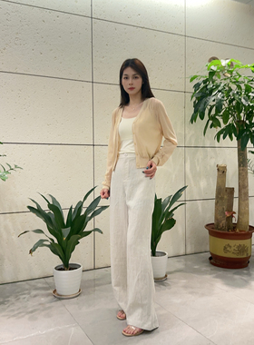 N姚领老钱风亚麻阔腿直筒裤女夏宽松B003