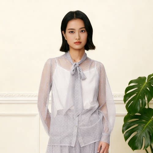 YAOLY姚领女士蕾丝衫圆点常规少女直筒蕾832020882