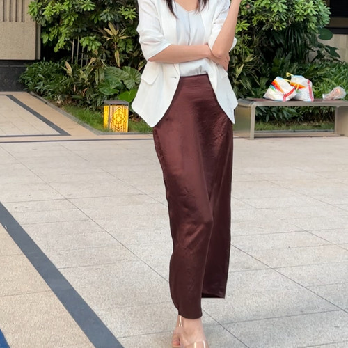 姚领轻熟醋酸半身裙女高腰开叉A版中长裙深咖色825M20193