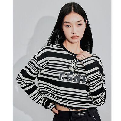 姚领YAOLY黑白条纹833M32068长袖春秋季卫衣宽松短款休闲女上衣