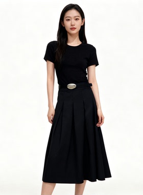 母亲节姚领黑色A字半身裙女高腰中长款显瘦百褶裙825K20041