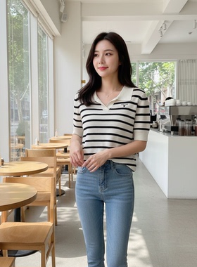 姚领条纹polo领针织衫女短袖修身显瘦翻领上衣针织短袖880K22613