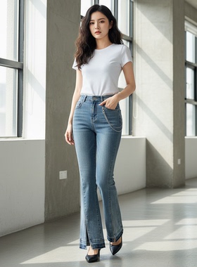 【航妈特享】姚领时尚微喇裤长裤高腰显瘦牛仔裤815K15091