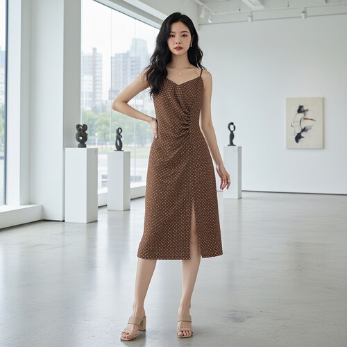 YAOLY姚领优雅褶皱吊带连衣裙女中长款开854H20121
