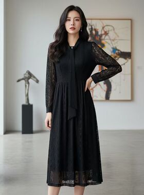 【航妈专属】姚领YAOLY黑色连衣裙优雅百搭城市通勤854K40535