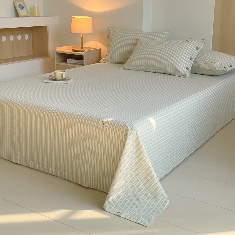 军绿白色条纹全棉床单单件轻奢高端纯棉自由棉被单单人双人1.21.5