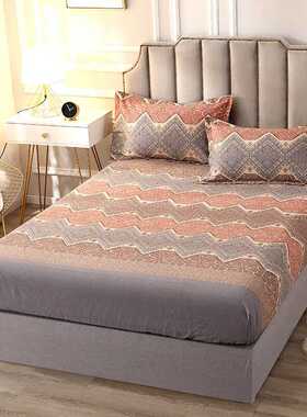 全包加厚磨毛床笠单件深灰桔黄色格纹全棉床套罩纯棉单人1.5米