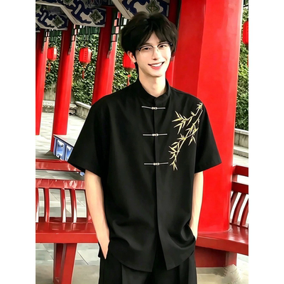 新中式国风刺绣短袖衬衫男士夏季立领半袖衬衣高级感订婚礼服外套