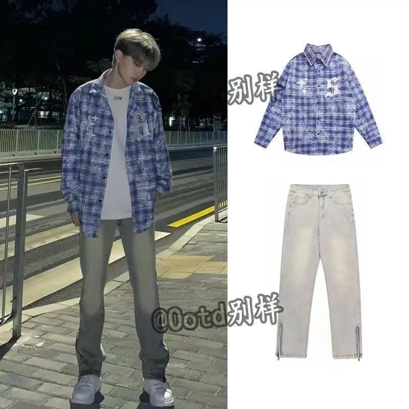 【二件套】刺绣穿搭格子衬衫男生衬衫搭配黄泥色做旧简约牛仔裤男