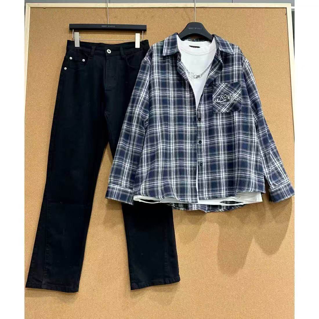 【两件套】美式宽松格子衬衫日常衬衣穿搭外套搭配高街微喇牛仔裤