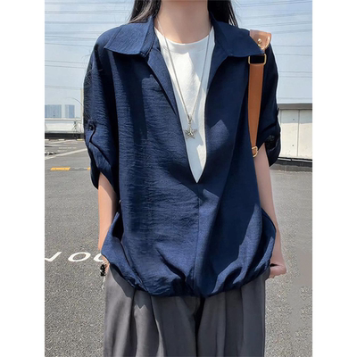 藏青色户外假两件防晒衬衫短袖男女夏季五分半袖V领衬衫收腰外套