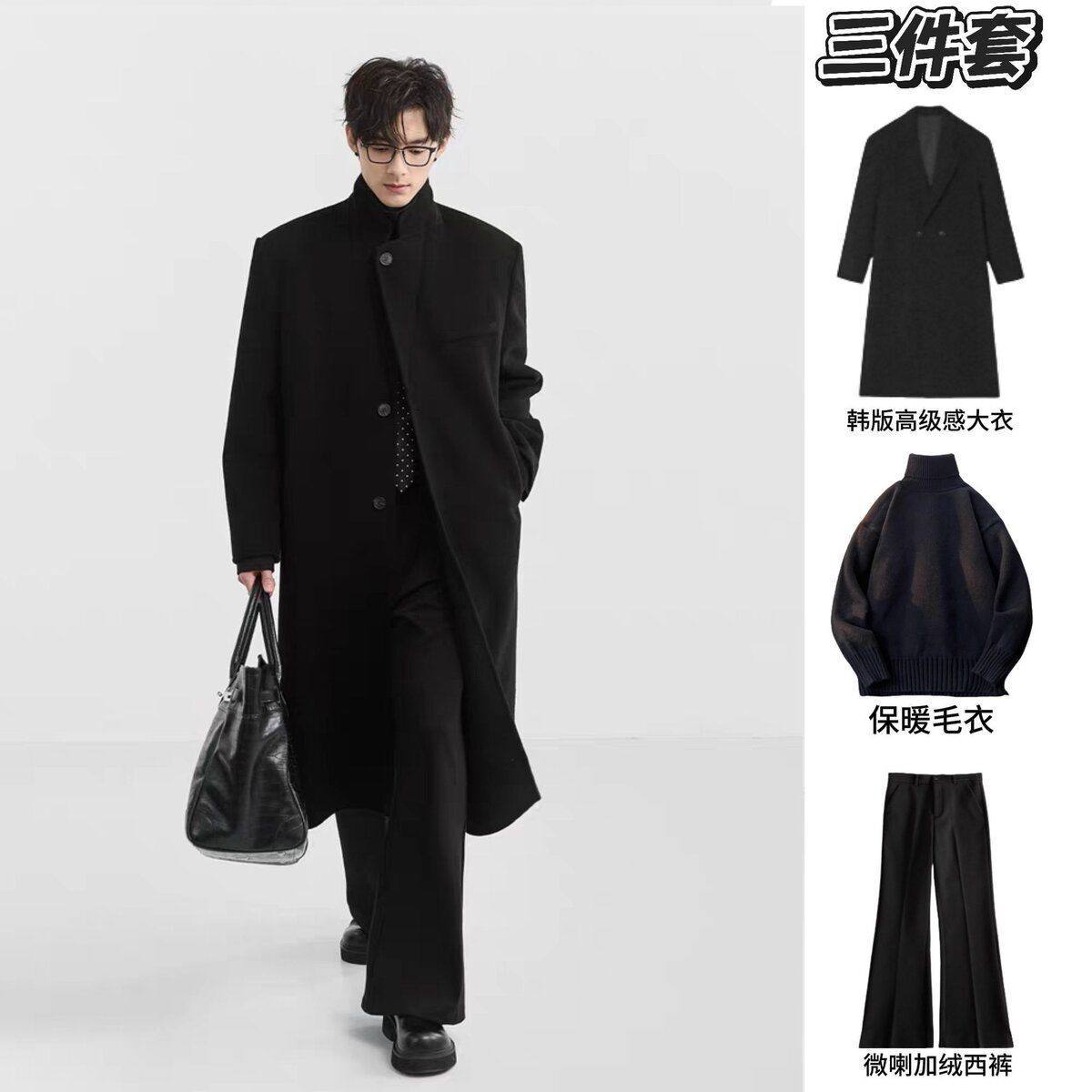 冬季新款毛呢子大衣男长款过膝韩版宽松帅气毛呢外套男风衣套装,男装,其他套装,淘宝优惠券,粉丝福利购,淘宝优惠卷