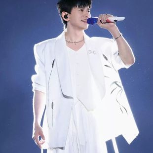 张杰同款白色西装男士重工刺绣设计新中式束绳道袍垫肩休闲西服潮