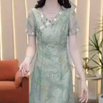 高档冰沙刺绣改良旗袍裙2025夏季新款新中式修身显瘦中长款连衣裙