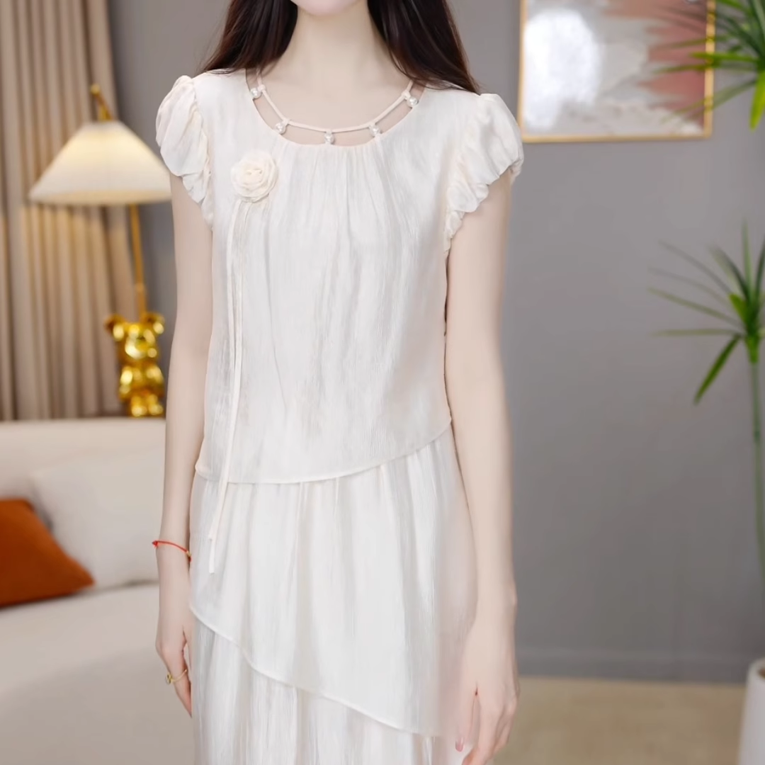 简约时尚气质假俩件百搭连衣裙女2025夏季新款修身显瘦中长款裙子