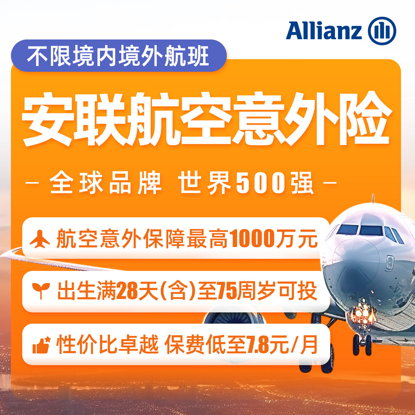 安联·航空意外险1000万伤残身故民航飞机不限次数保障国内外出行