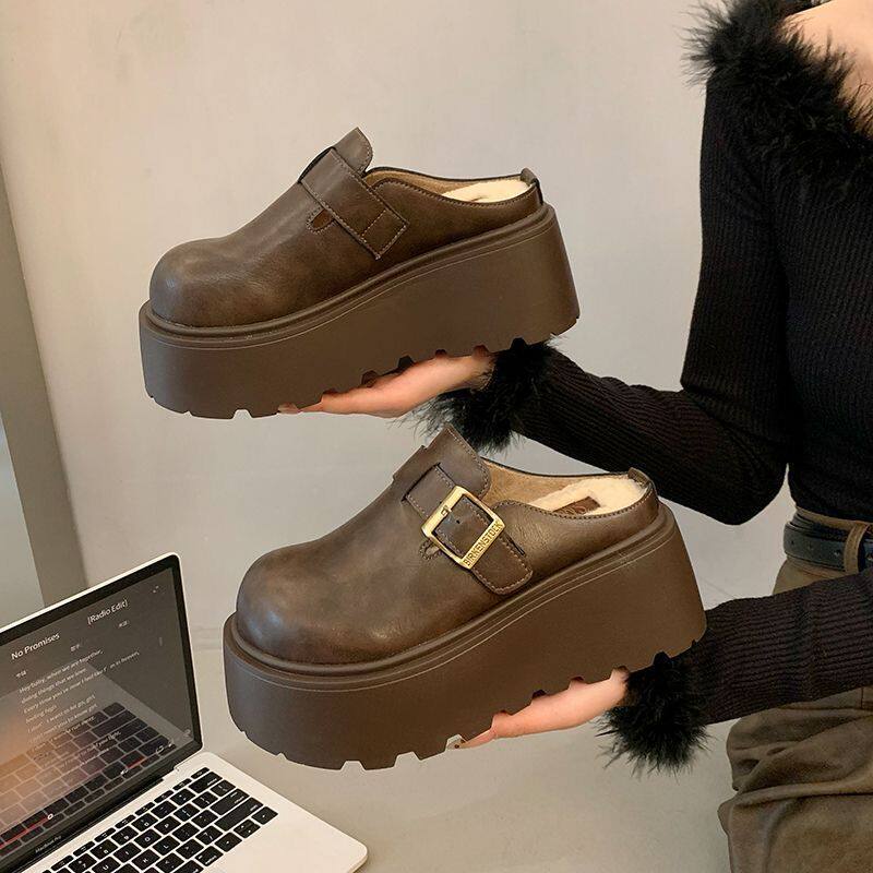 日本进口包头半拖毛毛拖鞋加绒勃肯鞋秋冬季新款厚底增高8CM女外