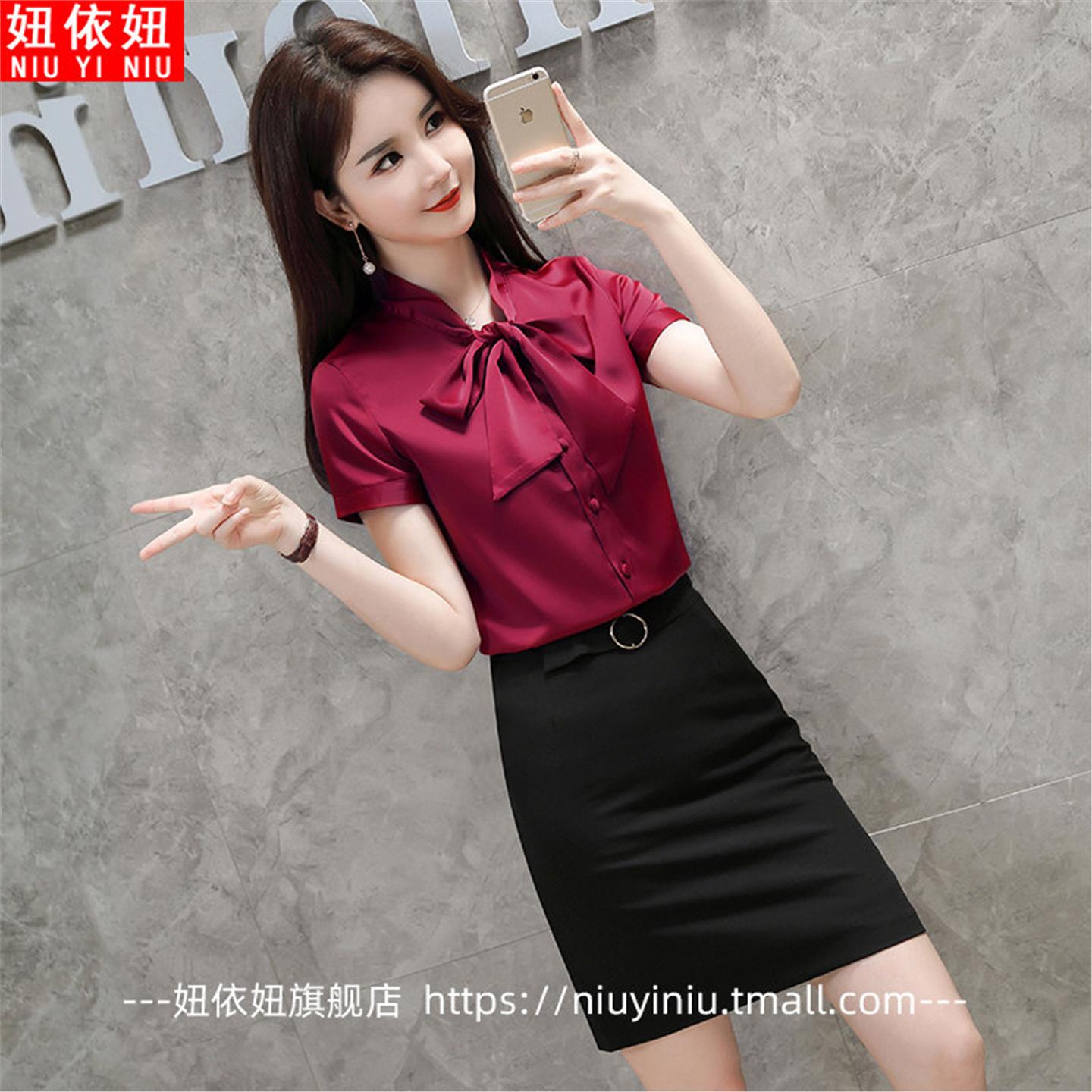 白色衬衫女工作服上衣短袖洋气宽松缎面职业新款韩版蝴蝶结衬衣夏
