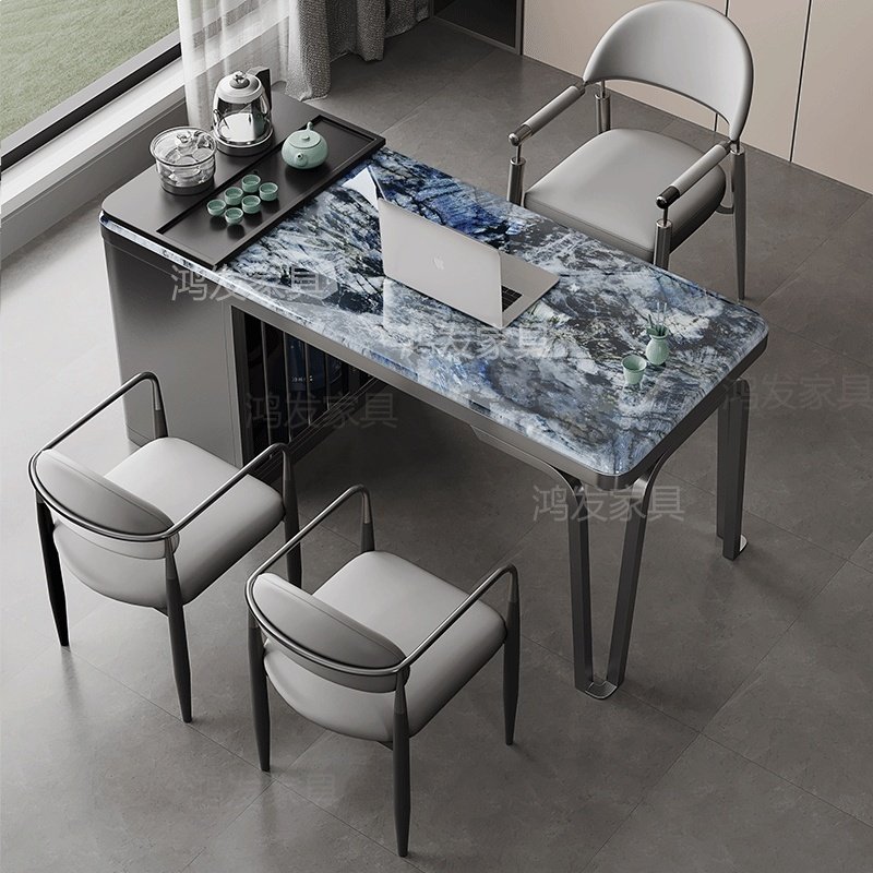 轻奢简约微晶石茶桌椅组合客厅家用阳台不锈钢小茶桌烧水茶炉一体