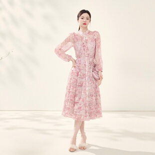 重磅真丝设计感碎花连衣裙女2026春夏优雅收腰桑蚕丝海洋印花长裙