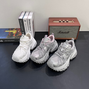 欧货榴莲底绑带蜘蛛网时尚银色老爹鞋女2026春新款厚底机车休闲鞋