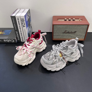 小个子增高6CM系带运动休闲老爹鞋 新款 女2026春季 欧货厚底松糕鞋